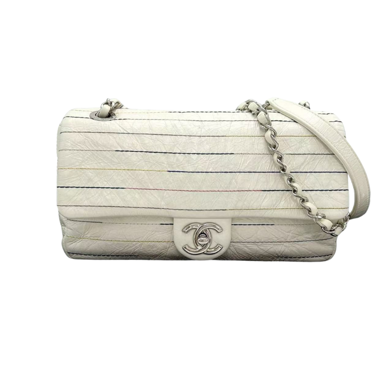 Pre-Owned CHANEL Distressed Calfskin Straight Line Stitch Flap Bag, also frequently referred to as a Straight Line Stitch Flap Crossbody Bag SZ3032605040654