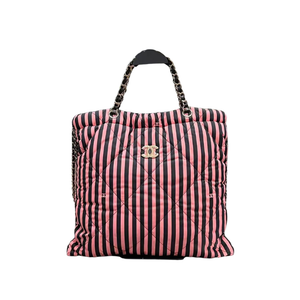 Pre-Owned CHANEL Black & Pink Striped Gold-Hardware "Coco Beach" Tote SZ3072603254704