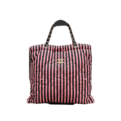 Pre-Owned CHANEL Black & Pink Striped Gold-Hardware "Coco Beach" Tote SZ3072603254704