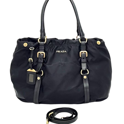Pre-Owned Prada Tessuto Nylon and Leather Gathered Tote (specifically matching classic vintage models like the BR4259) SZ3042607163403