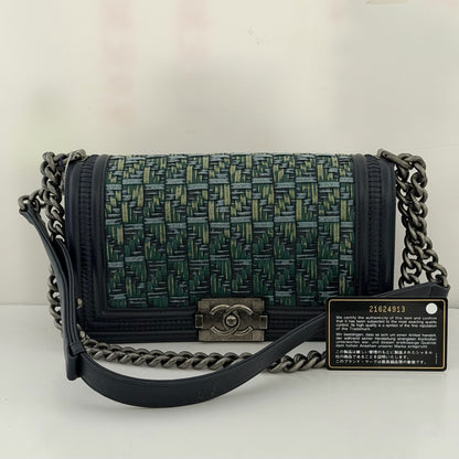 Pre-Owned Chanel Le Boy Medium Tweed Green Black Flap Shoulder/Crossbody Bag N24471005