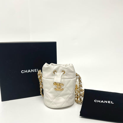 Pre-Owned Chanel 22A Mini Drawstring Bucket Bag | White Caviar & Gold Hardware | Full Set N21766683
