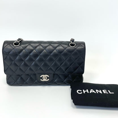 Pre-Owned Chanel Classic Double Flap Medium 25 Black Caviar Silver Hardware