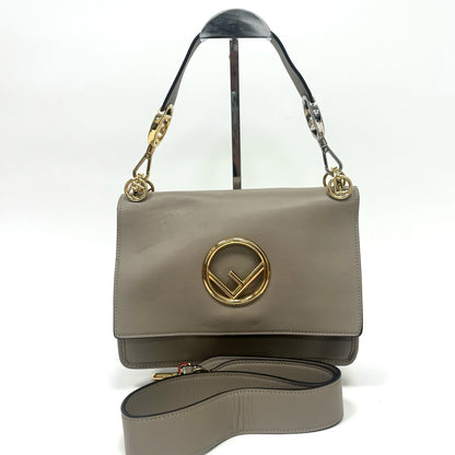 Pre-Owned Fendi Kan F Logo Taupe Smooth Leather Shoulder Crossbody Bag N24472035
