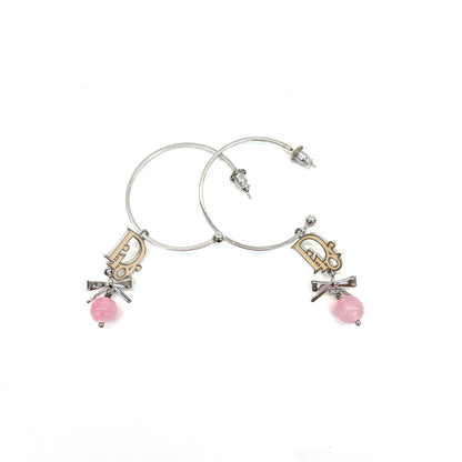 Pre‑Owned Christian Dior Vintage CD Bow Pink Bead Hoop Earrings N24655969