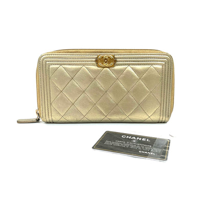 Pre‑Owned Chanel Le Boy Gold Quilted Zippy Long Wallet N24669925