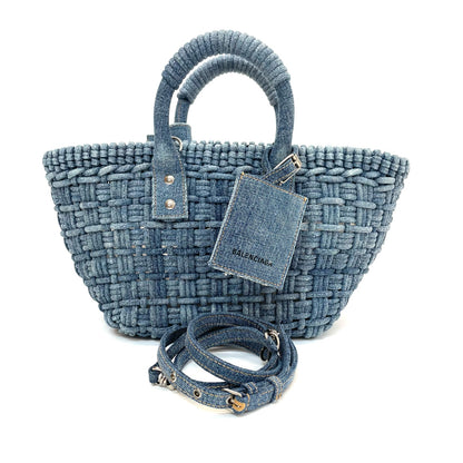 Pre-Owned Balenciaga Bistro Panier Woven Denim Basket Bag (25cm), a trendy casual tote with an adjustable denim strap and branded hang tag N24705901