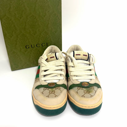 Pre-Owned Gucci Screener Sneaker in GG Monogram Canvas & Leather, a vintage-inspired low-top with enamel Double G and signature Green/Red Web N24712579