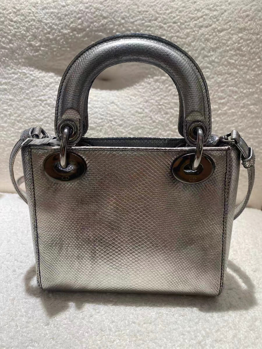 ✨Pre-Owned Rare Dior Lady Dior Medium (3-Slot) Snakeskin 🐍 | Metallic Silver + Silver HW | 2014 N24750855