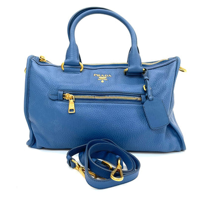 Pre-Owned Prada Vitello Daino Blue Leather Handbag with Strap