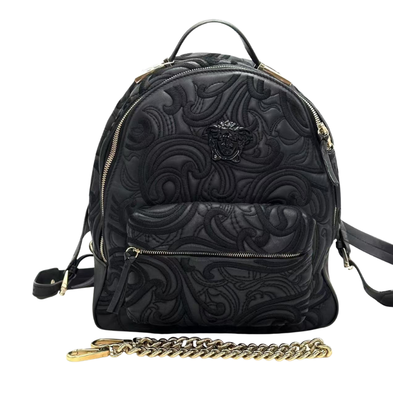 Pre-Owned Versace backpack featuring elaborate Medusa embroidery and a gold chain strap SZ3102607020336