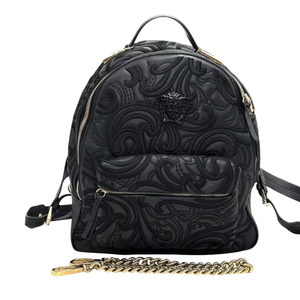 Pre-Owned Versace backpack featuring elaborate Medusa embroidery and a gold chain strap SZ3102607020336