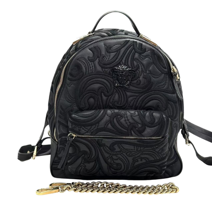 Pre-Owned Versace backpack featuring elaborate Medusa embroidery and a gold chain strap SZ3102607020336