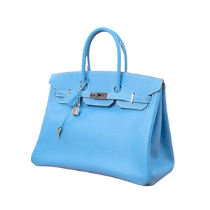 Pre-Owned Hermès Candy Blue Birkin 35 is a limited-edition piece specifically crafted in Epsom leather with Palladium hardware (silver-tone) SZ3022606213679