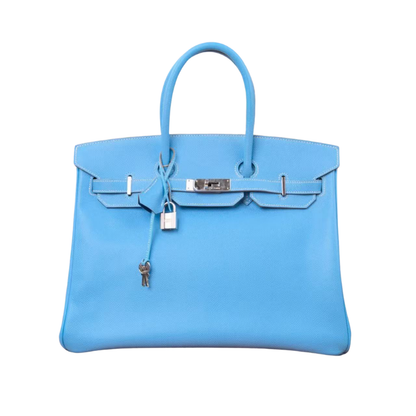 Pre-Owned Hermès Candy Blue Birkin 35 is a limited-edition piece specifically crafted in Epsom leather with Palladium hardware (silver-tone) SZ3022606213679