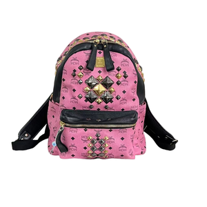 Pre-Owned MCM Black/Pink Visetos Leather Large Studded Stark Backpack SZ3052606081586