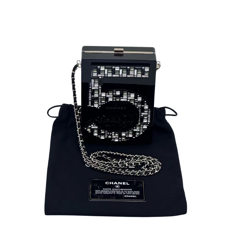 Pre-Owned Chanel Black Strass Embellished Plexiglass Mosaic No. 5 Minaudière Clutch SZ3032510131285