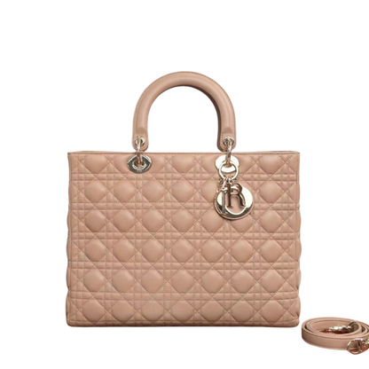 Pre-Owned Large Lady Dior handba crafted in lambskin with the iconic Cannage stitching featured in a "Milk Tea" SZ3032606173189