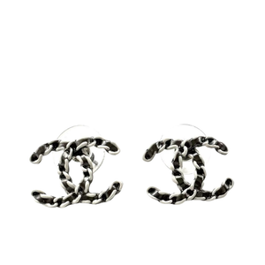 Pre-Owned Chanel 22P Black &amp; Silver Leather-Woven Chain Double-C Stud Earrings SZ3032512151046