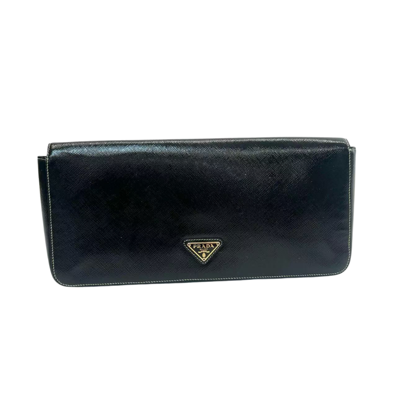Pre-Owned Prada Saffiano long flap clutch, often referred to as a "Saffiano Frame" clutch N23374554