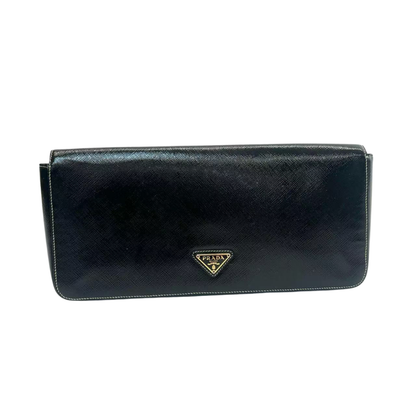 Pre-Owned Prada Saffiano long flap clutch, often referred to as a "Saffiano Frame" clutch N23374554