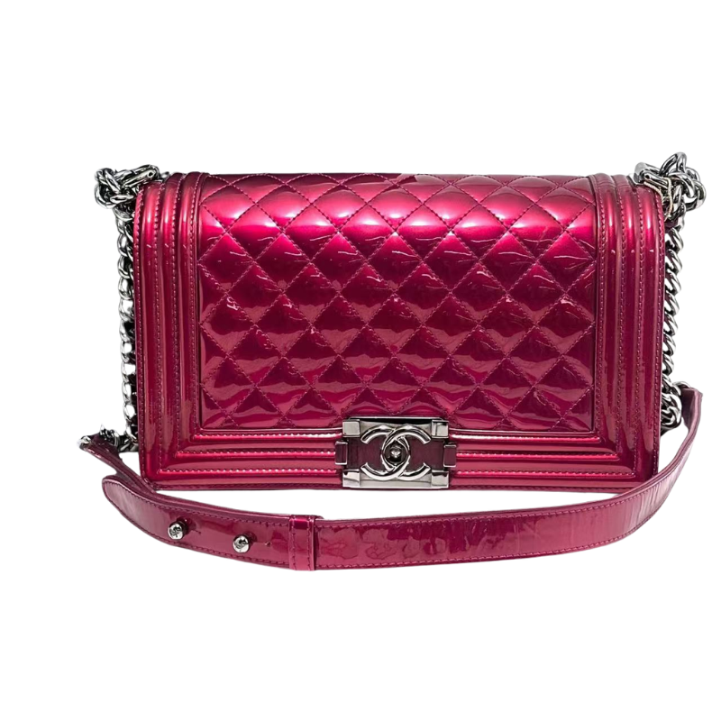 Pre-Owned CHANEL Le Boy Medium Shoulder Bag in fuchsia patent leathe SZ3022606305440