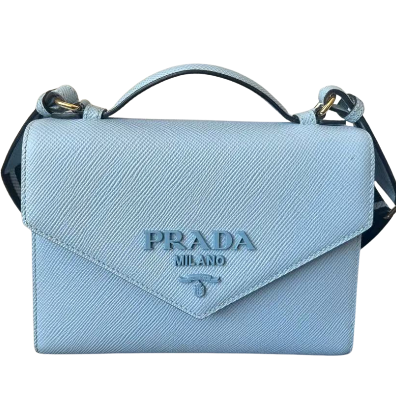 Pre-Owned Prada Monochrome Saffiano and Leather Bag (specifically the 2022 mini/small envelope shoulder bag version in a light blue or "Celeste" colorway)