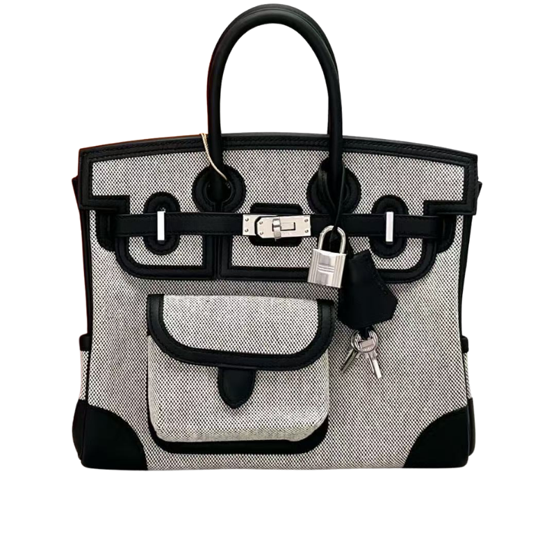 Pre-Owned Hermès Birkin 25 Cargo Handbag in the highly coveted "Panda" colorway (officially styled as Ecru/Noir) paired with Palladium Silver Hardware (PHW) SZ3072607275287