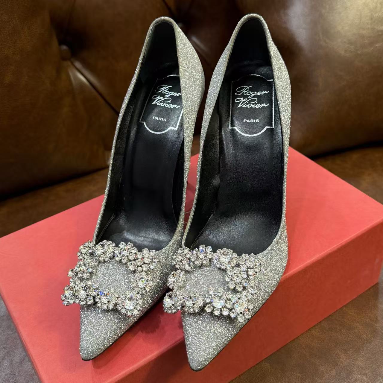 RV Silver Fine-Glitter Rhinestone Square-Buckle High Heels