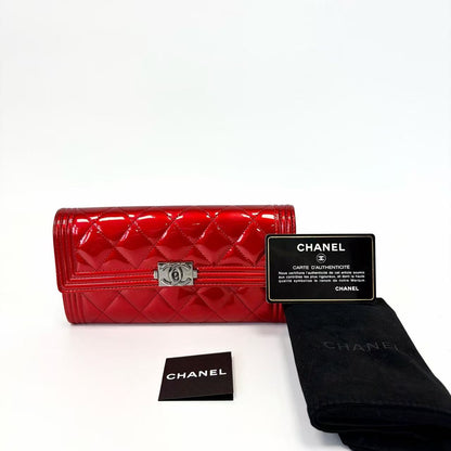 Pre-Owned Chanel Le Boy Long Wallet — Red Patent Leather (2014 Model)