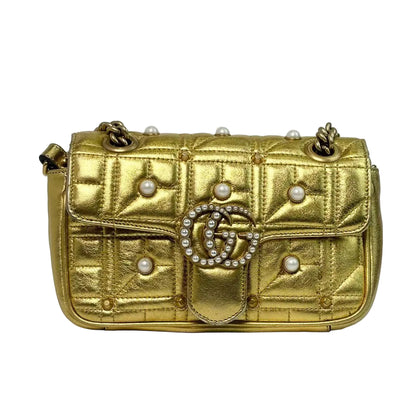 Pre-Owned Gucci Metallic Matelasse Pearly Mini GG Marmont Flap Bag