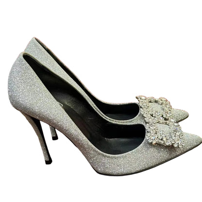 Pre-Owned RV Silver Fine-Glitter Rhinestone Square-Buckle High Heels