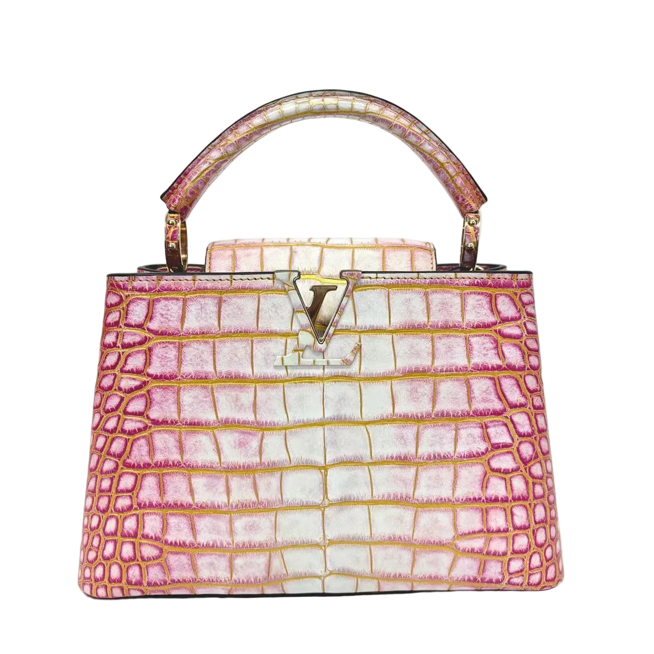 Pink and white crocodile-patterned handbag with gold accents on a light gray background