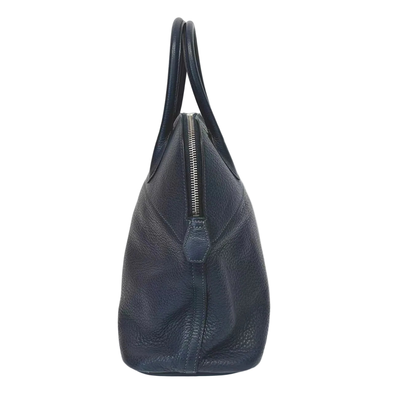 Black handbag with a zipper on a white background