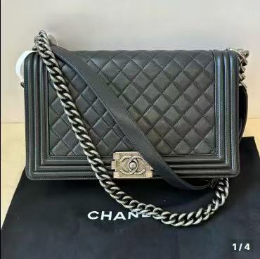 Pre-owned CHANEL 2014 Large Le Boy Bag in Black Calfskin with Silver Hardware