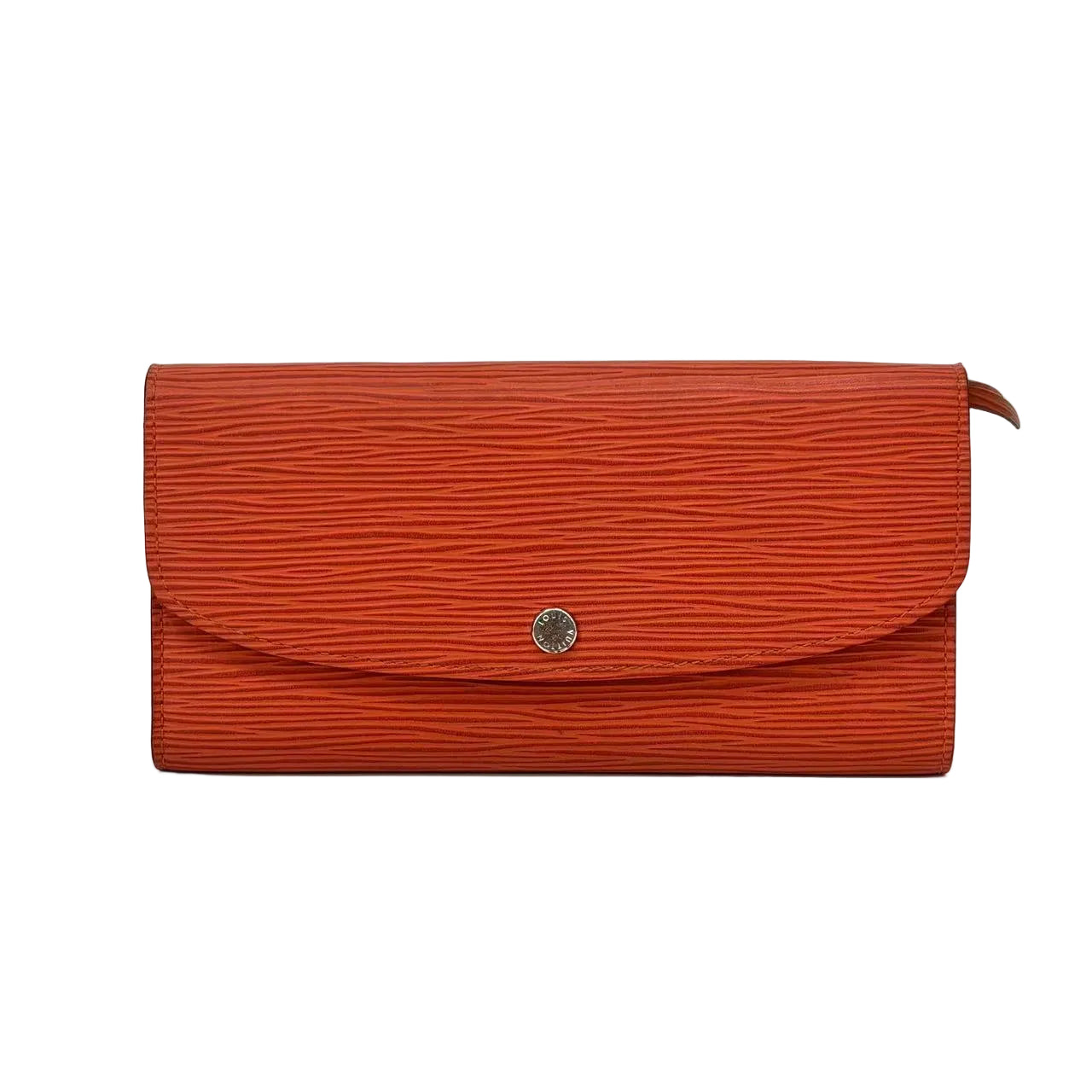 Orange textured clutch bag with a silver button on a white background