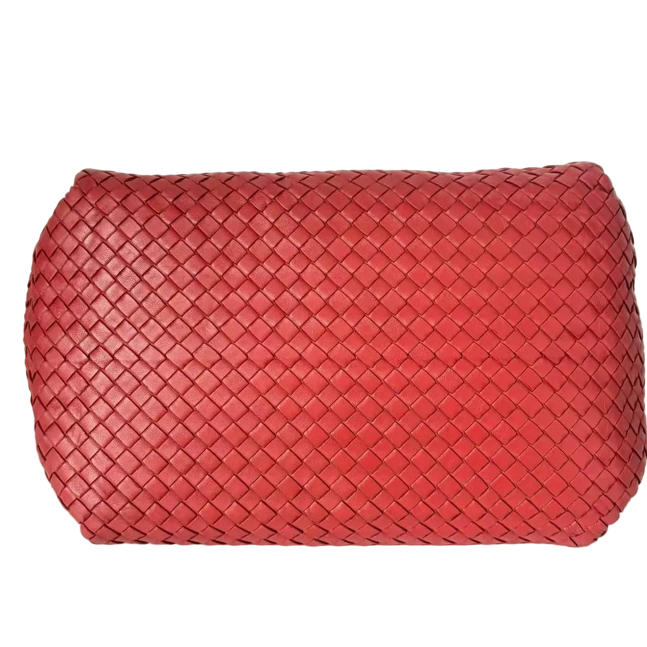 Red woven clutch bag on a white background