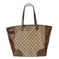 Brown and beige patterned tote bag on a white background