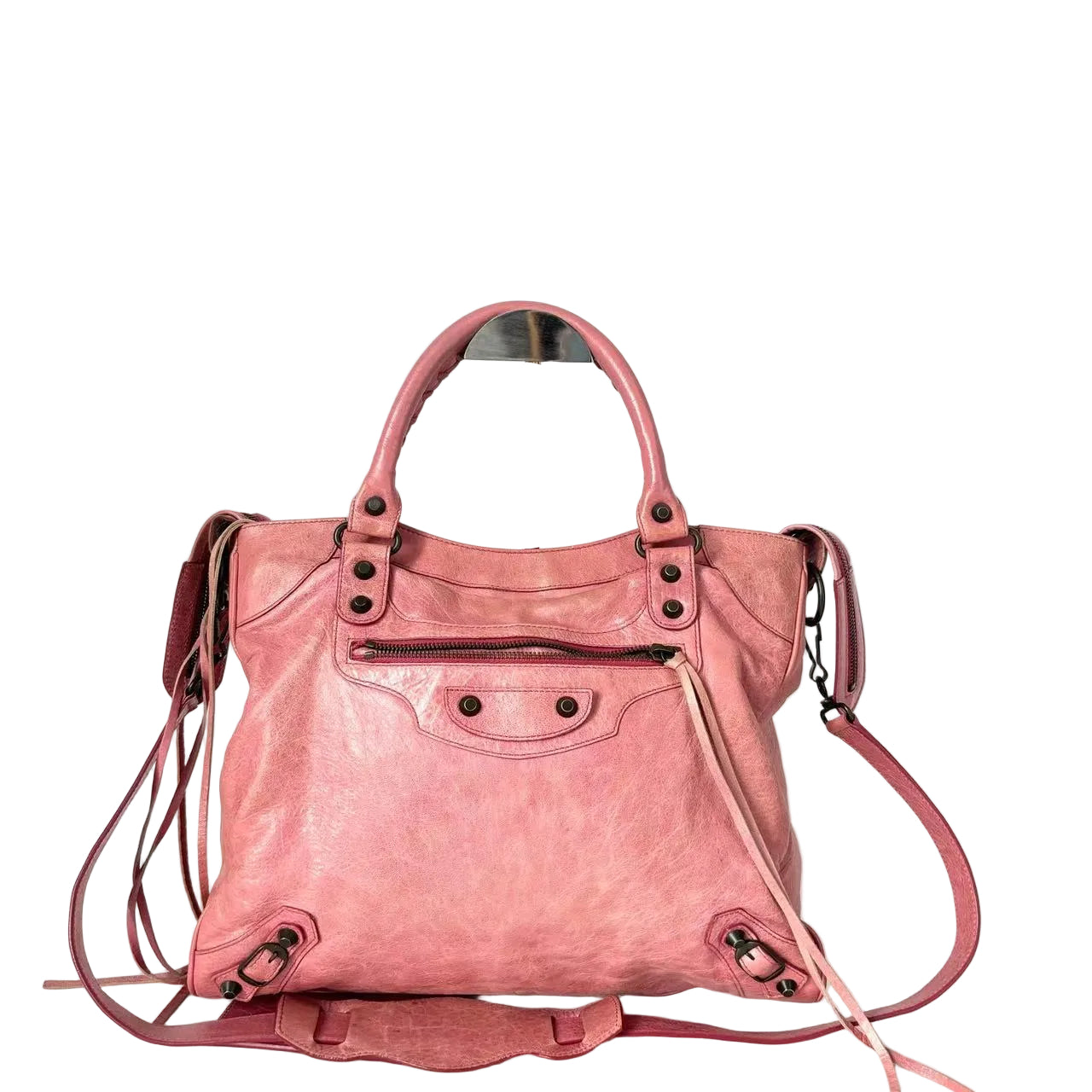 Pink handbag with a strap on a white background