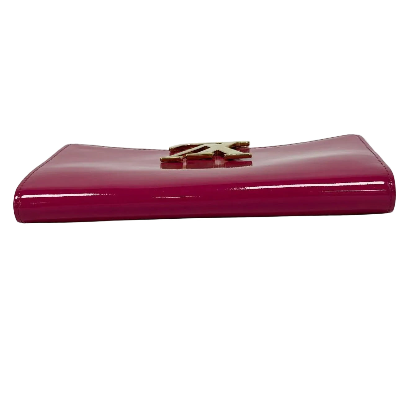 Pink clutch bag with a gold logo on a white background