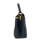 Black handbag with gold clasp on a white background