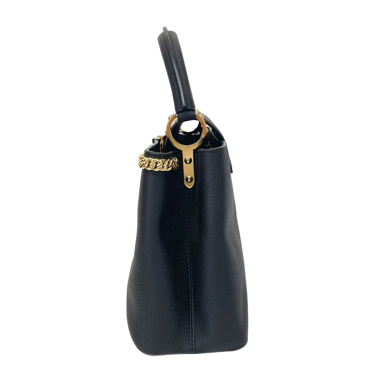 Black handbag with gold clasp on a white background