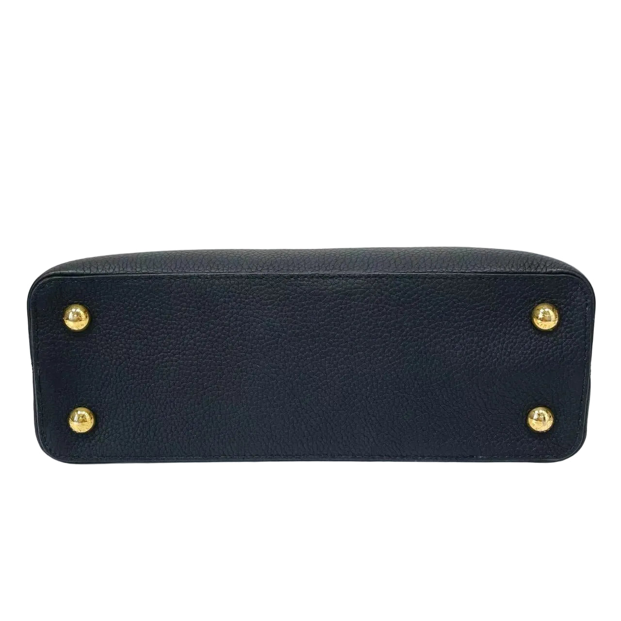 Black handbag with gold studs on a white background