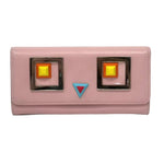 Pink wallet with geometric designs on a white background