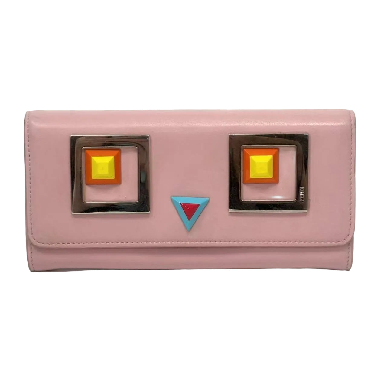 Pink wallet with geometric designs on a white background