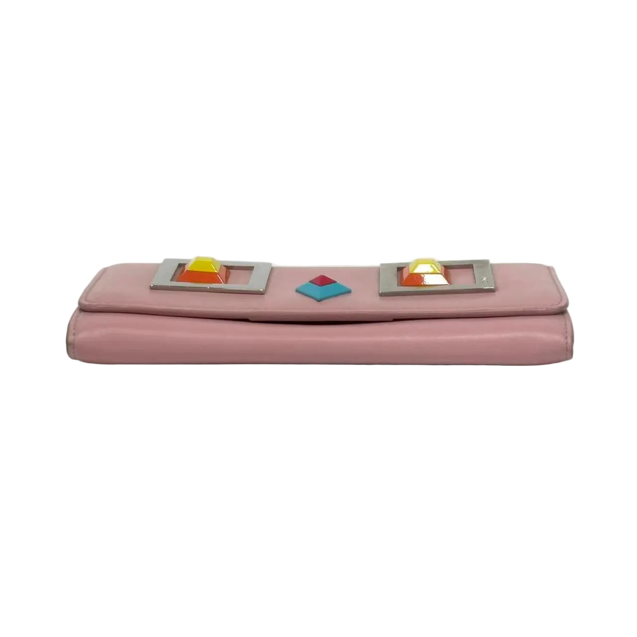 Pink clutch bag with colorful accents on a white background
