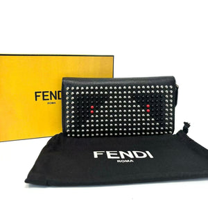 Pre-Owned Fendi Black Saffiano Leather Studded Monster Eyes Continental Wallet N22775656