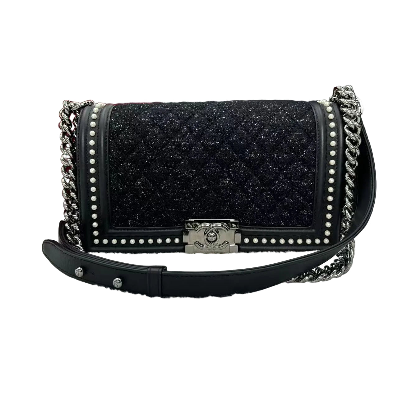 Pre-Owned Chanel Calfskin Pearl Tweed Medium Boy Flap N19360600