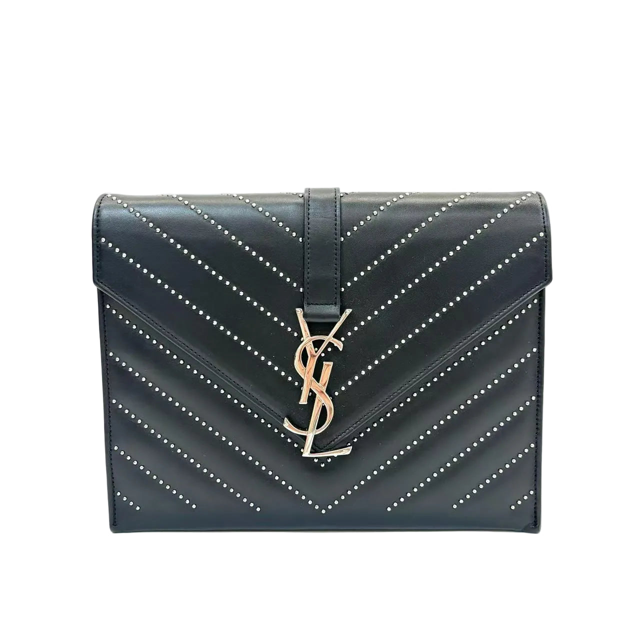 Pre-Owned Saint Laurent 2014 Studded Chevron Calfskin Monogram Envelope Chain Flap bag N23125577