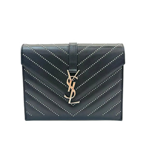 Pre-Owned Saint Laurent 2014 Studded Chevron Calfskin Monogram Envelope Chain Flap bag N23125577